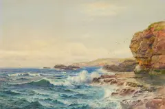 George Barker, Waves Against the Coast, watercolor on paper laid on cardboard