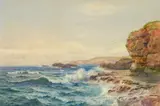 George Barker, Waves Against the Coast, watercolor on paper laid on cardboard