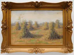 J. Robinson, Landscape with Haystacks, oil on canvas