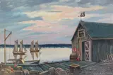 Ray Grathwol, Dock Scene, oil on Masonite