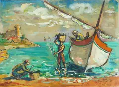 Leon Kelly, The Landing, watercolor and gouache on paper laid down on cardboard, 1953