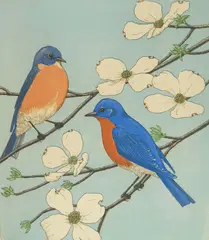 Maurice R. Bebb, Bluebirds, etching in colors, 1957
