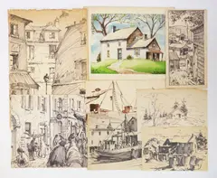 Henry Gasser, Corner in Paris; Docked Trawler; Farmhouse Old Bridge, NJ; Fish House Dock; Fishing Boats; Gloucester Fish Shacks; Italian Market & Maine Cabin 8, pen and ink on paper
