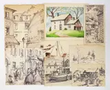 Henry Gasser, Corner in Paris; Docked Trawler; Farmhouse Old Bridge, NJ; Fish House Dock; Fishing Boats; Gloucester Fish Shacks; Italian Market & Maine Cabin 8, pen and ink on paper