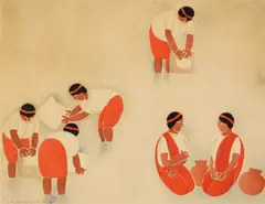 Carlos Mérida, Paisaje con tres Mujeres, lithograph in colors, 1927