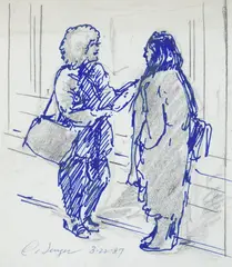 Clyde Singer, Two Women, pen and ink with graphite, 1987