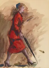 Clyde Singer, Woman in Red, watercolor on paper 1957