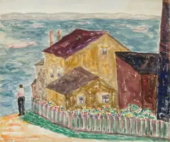 Abraham Walkowitz, Houses by the Sea, watercolor on paper