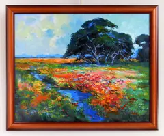 Field of Flowers by Michael Schofield, mixed media on canvas over paint, 2021, offered Aug 2026