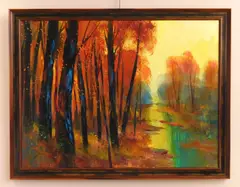 Wooded Landscape with Stream by Michael Schofield, oil on canvas, 2018, offered Aug 2026