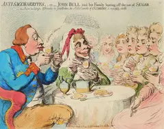 James Gillray, Antisaccharrites, or John Bull and His Family leaving off the use of Sugar, engraving with hand-coloring, 1792, Bohn
