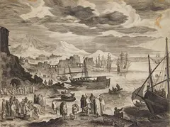 Aegidius Sadeler, Harbor Scene, engraving, after Jan Brueghel the Elder. 8 1/16 x 10 7/8"