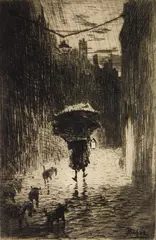 Félix Buhot, Le Pluie et l'Ombrelle, etching, ca. 1875