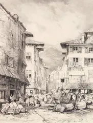 Eugène Isabey, Rue des Gras a Clermont, lithograph on chine colle