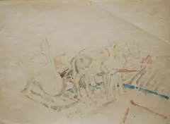 William Sommer, Cart and Horses, pencil with watercolor on paper