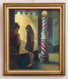 Clyde Singer, Barber Shop- Greenwich Village, oil on Masonite, 1966