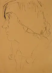 Duncan Grant, Portrait of Vanessa Bell, pen and ink on brown paper, initialed D.G. lower right and V. B. lower left