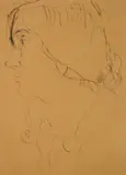 Duncan Grant, Portrait of Vanessa Bell, pen and ink on brown paper, initialed D.G. lower right and V. B. lower left
