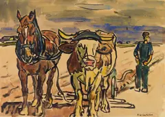 Fritz Winkler, Horse, Oxen and Figure, watercolor and ink on paper