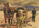 Fritz Winkler, Horse, Oxen and Figure, watercolor and ink on paper
