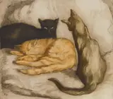 Alfredo Müller, Les Trois Chats, etching with aquatint, printed in bistre with coloring