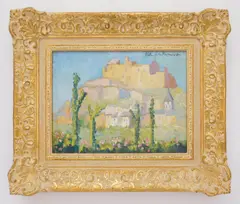 Hildegarde Hamilton, Landscape with Houses on Hillside- Provence, oil on canvas, ca. 1920's