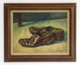 Clyde Singer, Old House Shoes, oil on panel, 1955