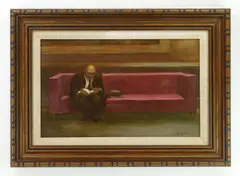 Clyde Singer, Reader- Met Lobby, oil on panel, 1966