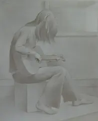 Jack W. Henderson, Study for Guitar, pencil and white wash highlights on grey/blue paper, 1976-78