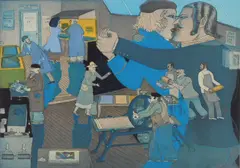 Warrington Colescott, The History of Printmaking: S. W. Hayter Discovers Viscosity Printing soft ground, etching and aquatint in colors, 1976