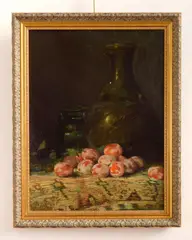 Adam Lehr, Still-Life of Vases and Plums on an Oriental Rug, oil on canvas, 1908