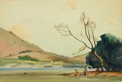 Frank N. Wilcox, Figures along a River Bank, watercolor on illustration board