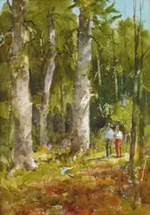 Lowell Ellsworth-Smith, Two Figures Walking in the Woods, watercolor on paper