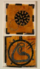 Circle, Snake and Sphere machine sewn by Christopher Pekoc, mixed media (diptych), 1995, both panels, offered Mar 2026