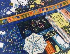 Gloria Plevin, Chicago Backyards, linocut reduction in colors, 2001