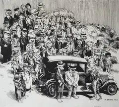 Robert Crumb, Gangsters Around Car, pen and ink on acetate, 1963