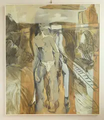 Jeffrey Pratt, Figure in Cityscape, oil on canvas, 1988
