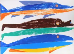Jessie Oonark, Three Fish, silkscreen in colors, 1979