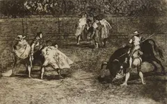 Un Torero Monte sur Les Epaules d'un Chulo 'Lanceado un Taureau etching by Francisco Goya, etching, offered Feb 2026