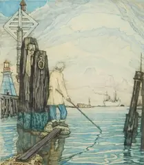 Nicholas Hornyansky, The Old Pilot, etching in colors
