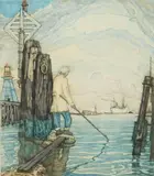 Nicholas Hornyansky, The Old Pilot, etching in colors