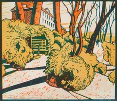 Guy Seymour Warre Malet, Terrace Gardens, Richmond, Surrey, linocut in color, ca. 1928