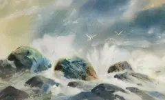 James Walker, Waves Against the Rocks, watercolor on paper
