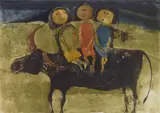 Graciela Rodo Boulanger, Three Kids on a Bull, lithograph in colors