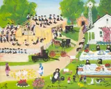 Emma Schrock, The Barn Raising, 1988, oil on canvas