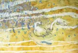 Walter Sorge, Untitled, watercolor painting of swans in a pond