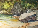 Below Rollins Creek Bridge by Ralph Baker, watercolor, offered Jun 2026