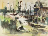 Virginia Brooks, Untitled, watercolor painting of a harbor