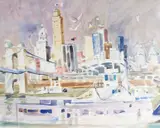 Untitled by Sanford Brooks, watercolor painting of a city, offered Jun 2026