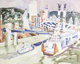 Untitled by Sanford Brooks, watercolor painting of a city, offered Jun 2026